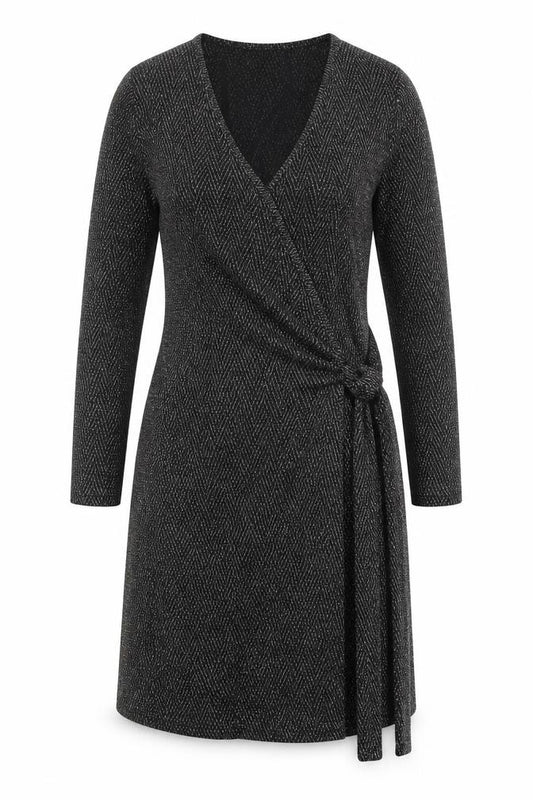 Front view of Blue Vanilla women’s black geometric nylon wrap dress, size UK 10, v-neck tie