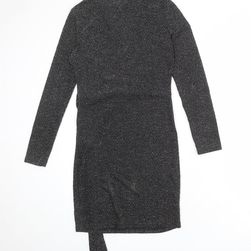 Blue Vanilla Womens Black Geometric Nylon Wrap Dress Size 10 V-Neck Tie