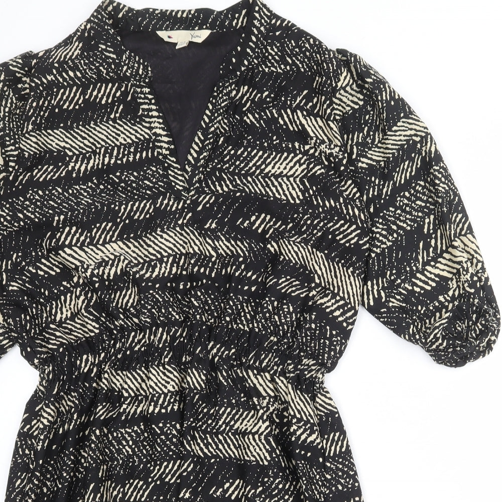 Yumi Womens Black Geometric Polyester A-Line Size 16 V-Neck
