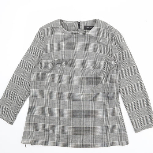 NEXT Womens Grey Plaid Polyester Basic Blouse Size 14 Round Neck