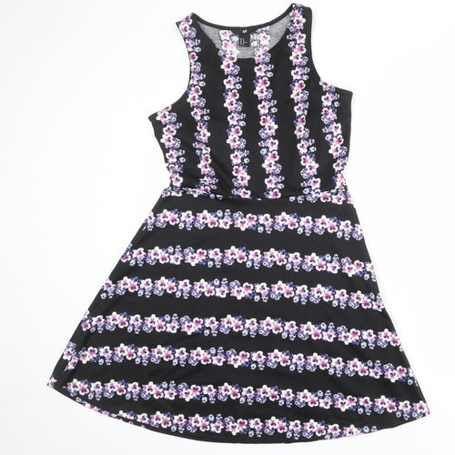 H&M Womens Black Floral Polyester Fit & Flare Size M Boat Neck Pullover