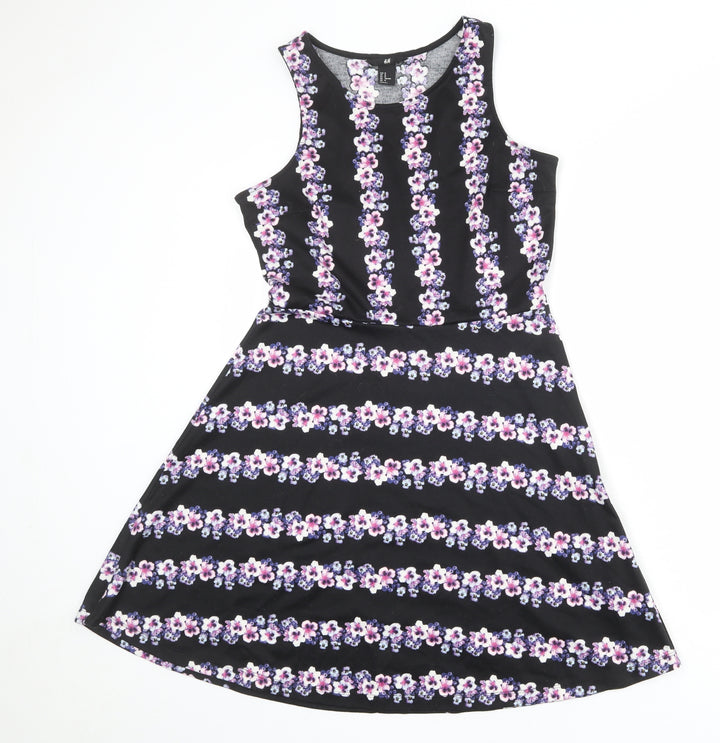 H&M Womens Black Floral Polyester Fit & Flare Size M Boat Neck Pullover
