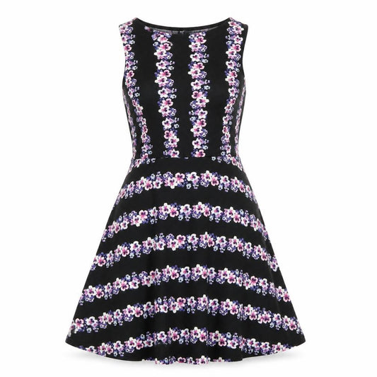 Front view of H&M women’s black floral polyester fit & flare, size M, boat neck pullover