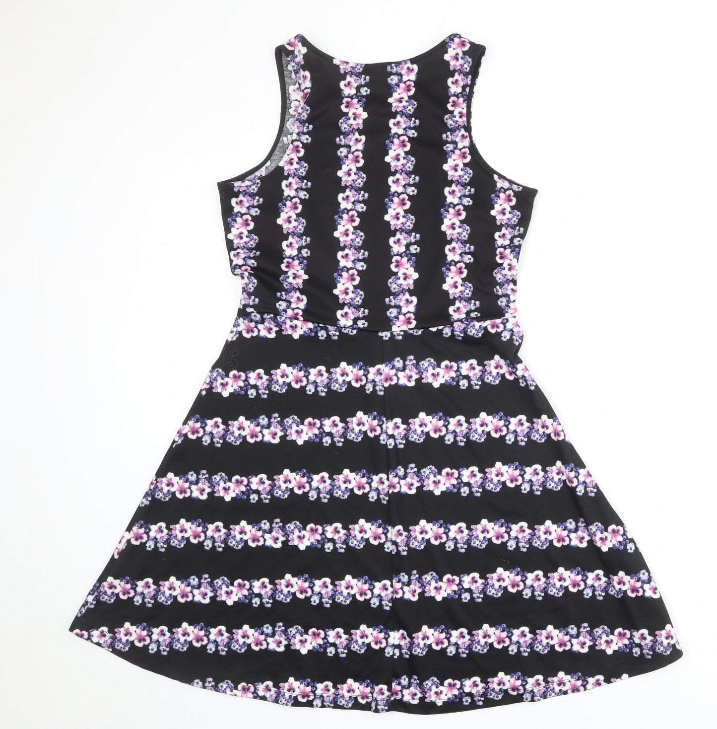 H&M Womens Black Floral Polyester Fit & Flare Size M Boat Neck Pullover