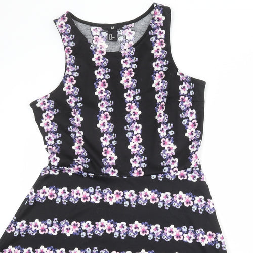 H&M Womens Black Floral Polyester Fit & Flare Size M Boat Neck Pullover