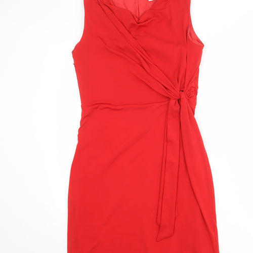 Laura Clement Womens Red Polyester Shift Size 10 Cowl Neck Zip - Front Detail