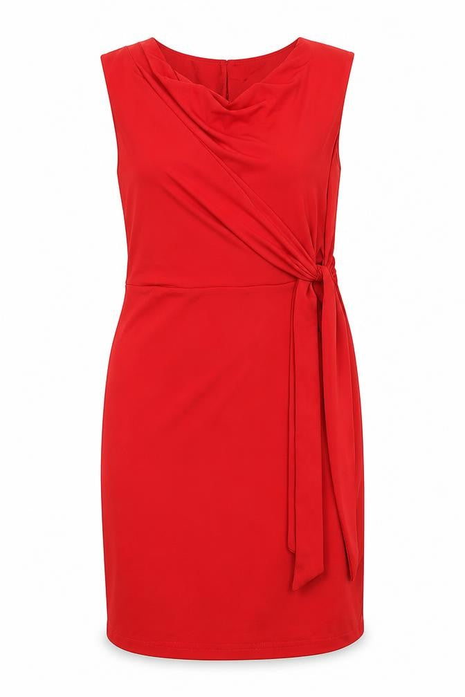 Front view of Laura Clement women’s red polyester shift, size UK 10, cowl neck zip - front detail