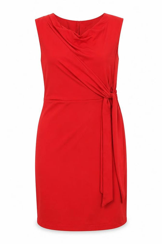Front view of Laura Clement women’s red polyester shift, size UK 10, cowl neck zip - front detail