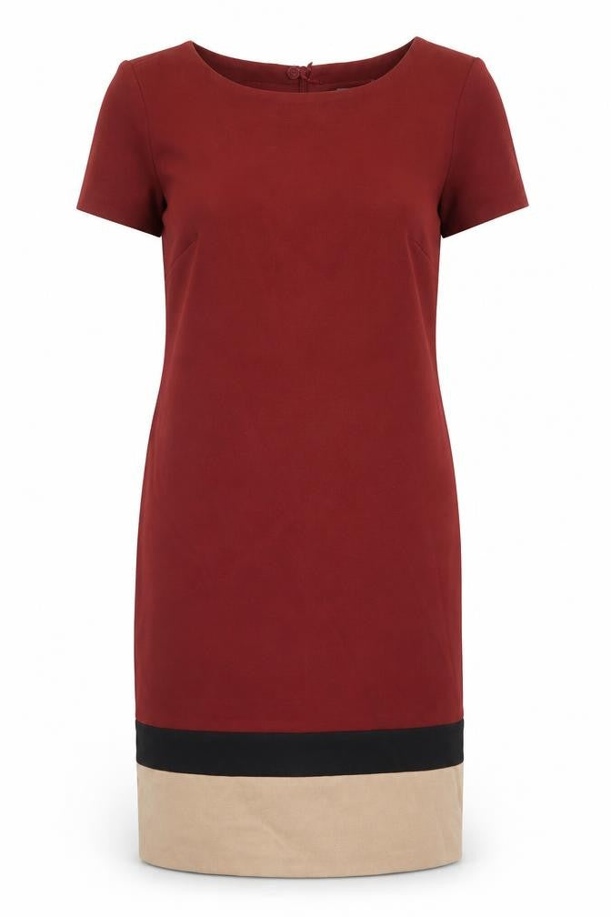 Front view of marks women’s red colourblock polyester sheath, size UK 14, boat neck zip