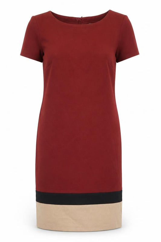 Front view of marks women’s red colourblock polyester sheath, size UK 14, boat neck zip