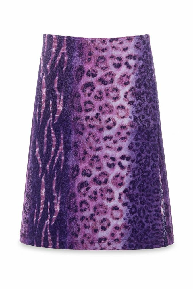 Front view of Acrobat women’s purple animal print polyester a-line skirt, size S, - tiger leopard pattern