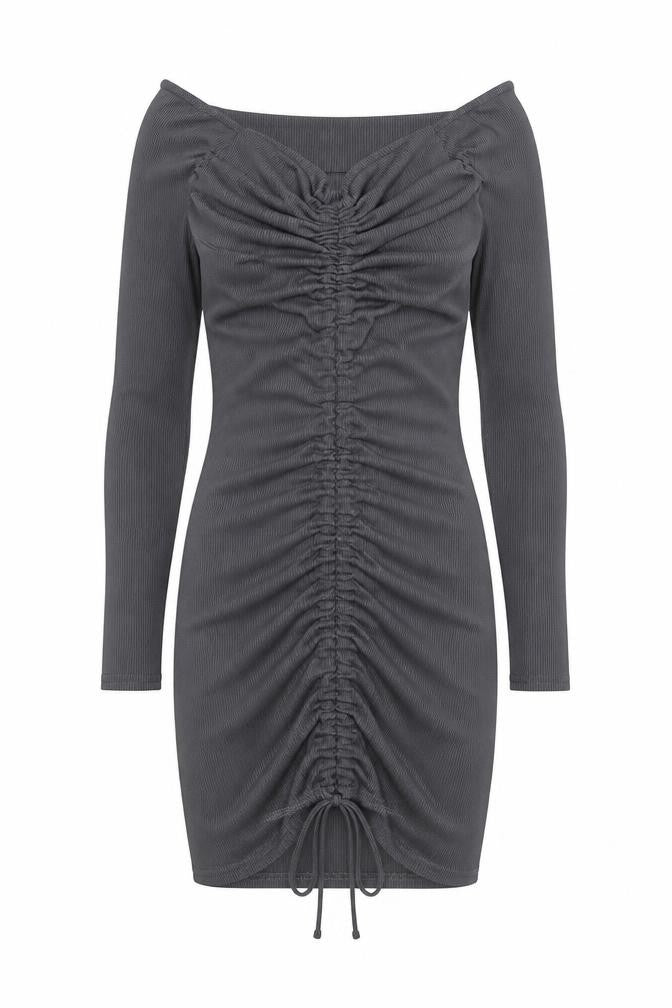 Front view of PRETTYLITTLETHING women’s grey polyester bodycon, size UK 12, v-neck pullover