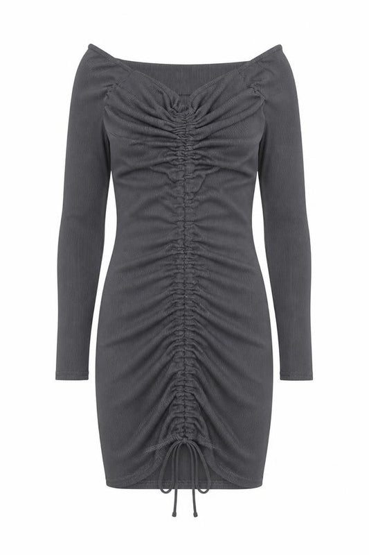Front view of PRETTYLITTLETHING women’s grey polyester bodycon, size UK 12, v-neck pullover