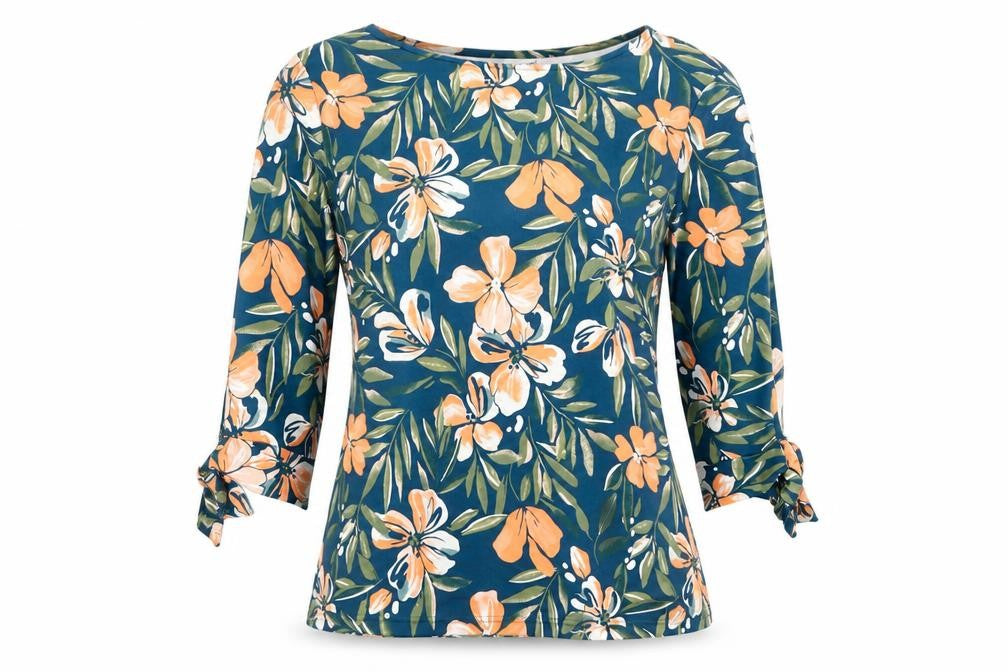 Front view of Damart women’s blue floral polyester basic blouse, size UK 10, boat neck