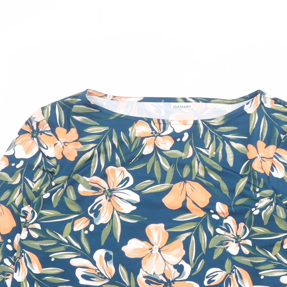 Damart Womens Blue Floral Polyester Basic Blouse Size 10 Boat Neck