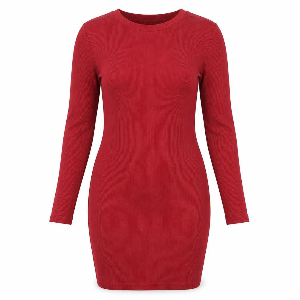 Front view of Boohoo women’s red polyester bodycon, size UK 10, crew neck pullover