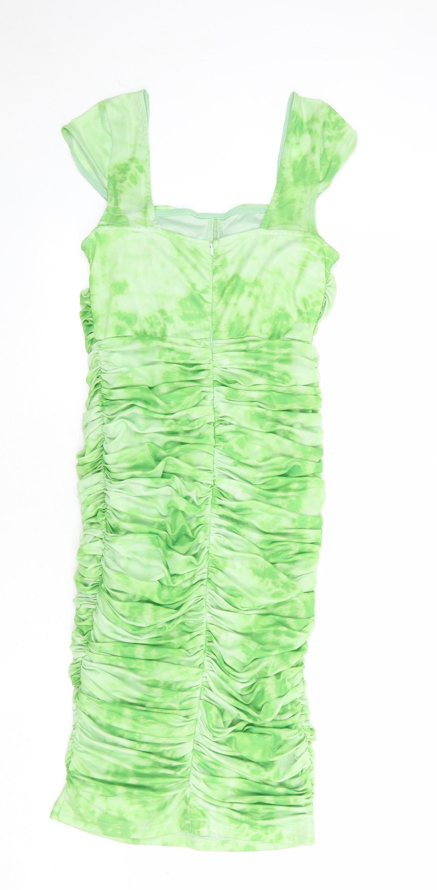 PRETTYLITTLETHING Womens Green Tie Dye Polyester Bodycon Size 12 Square Neck Zip