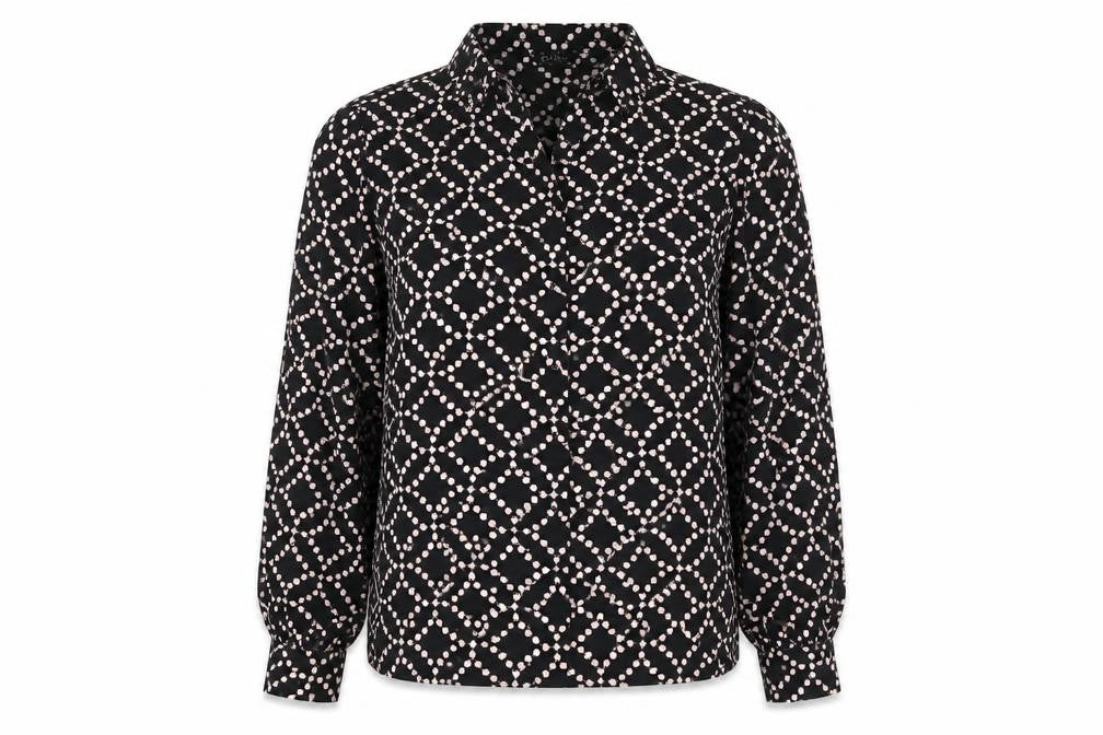Front view of Dusk women’s black geometric polyester basic blouse, size UK 12, collared