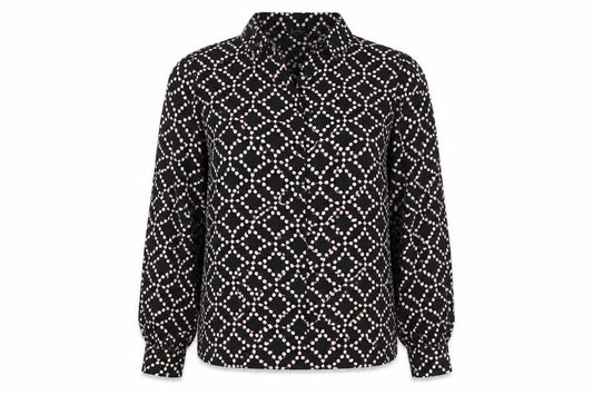 Front view of Dusk women’s black geometric polyester basic blouse, size UK 12, collared