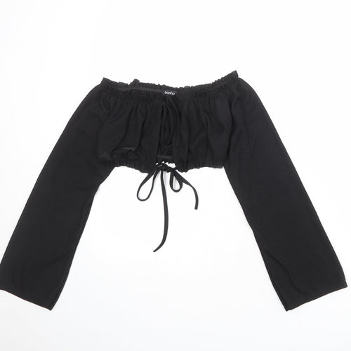 Boohoo Womens Black Polyester Cropped Blouse Size 12 Off the Shoulder - Tie Front Detail