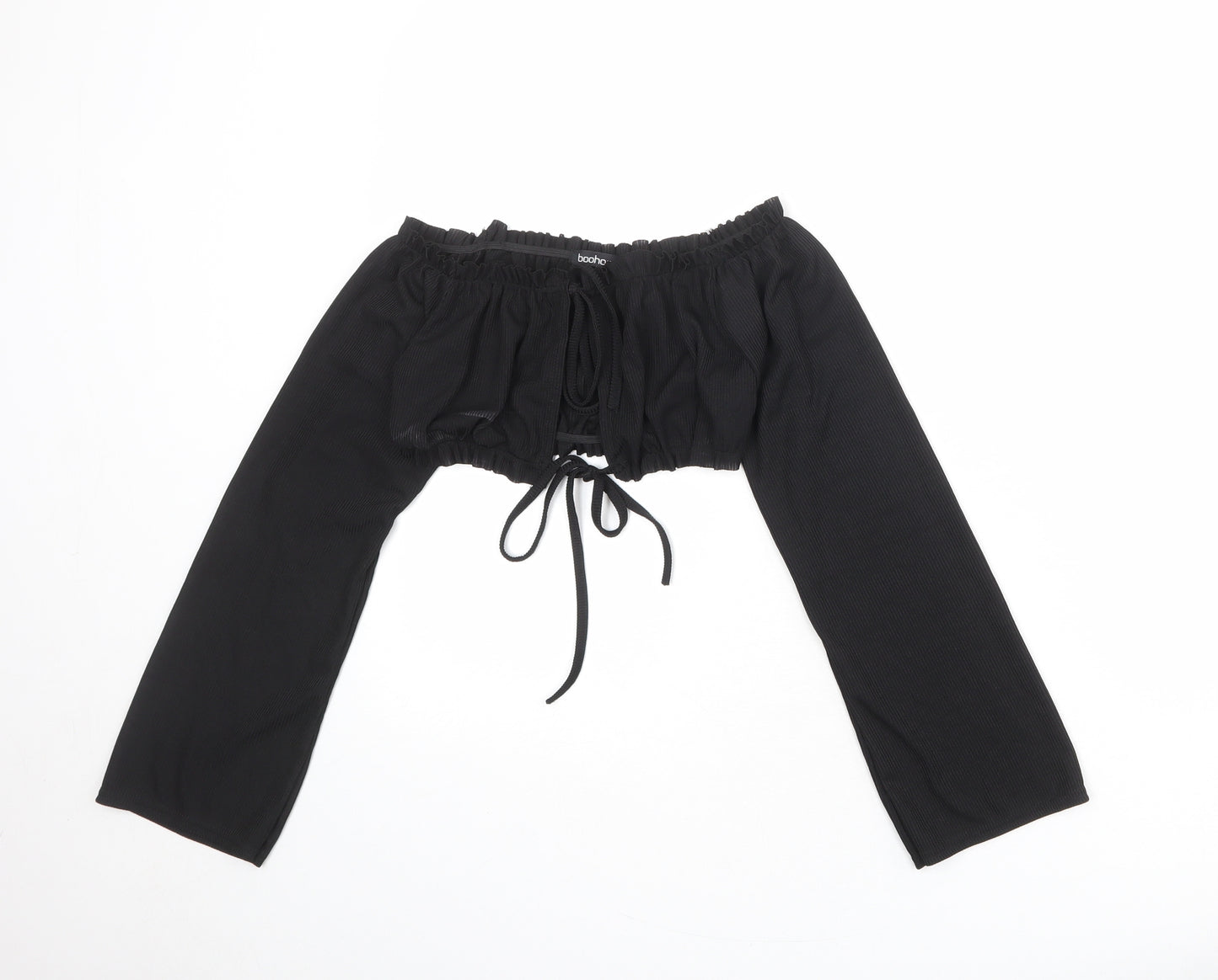 Boohoo Womens Black Polyester Cropped Blouse Size 12 Off the Shoulder - Tie Front Detail