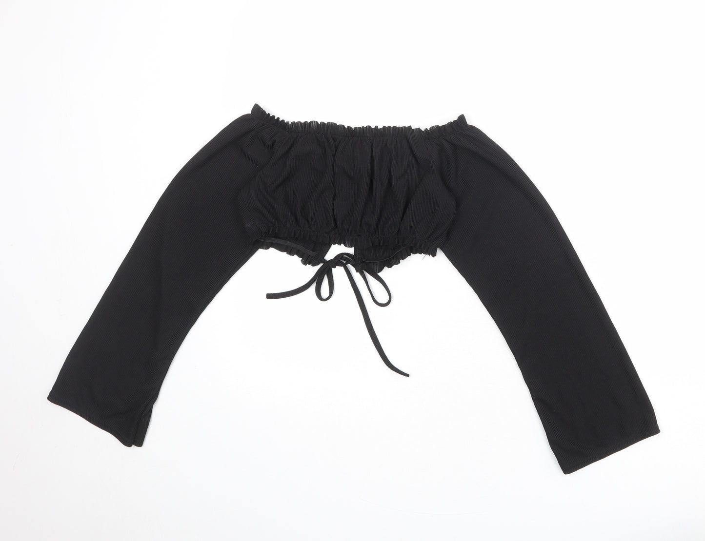 Boohoo Womens Black Polyester Cropped Blouse Size 12 Off the Shoulder - Tie Front Detail