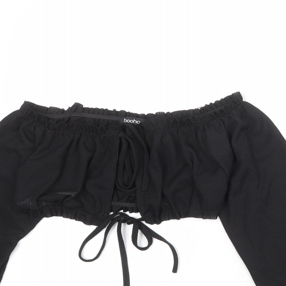 Boohoo Womens Black Polyester Cropped Blouse Size 12 Off the Shoulder - Tie Front Detail