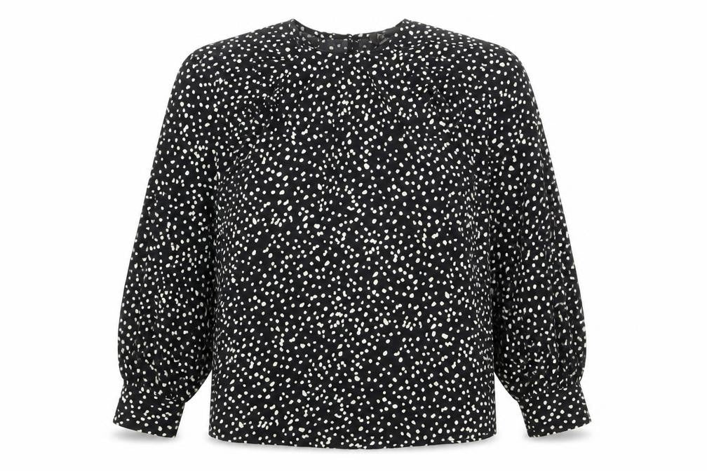 Front view of AX Paris women’s black animal print polyester basic blouse, size UK 8, round neck - spotted