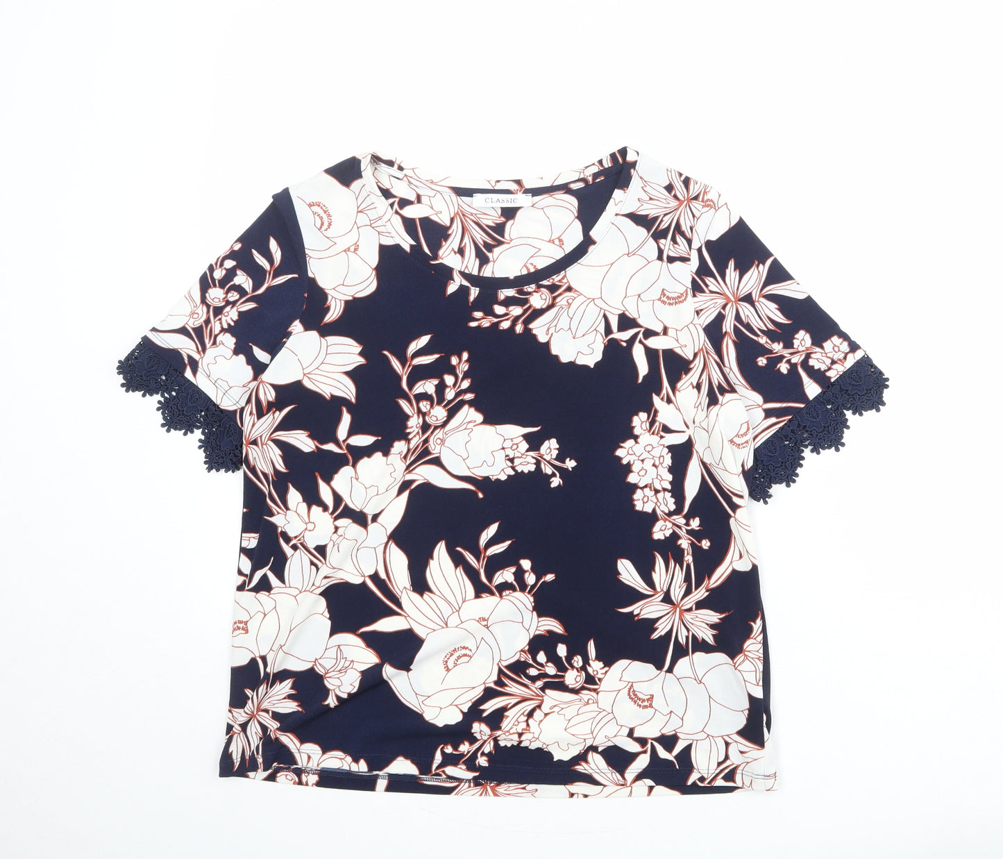 Classic Womens Blue Floral Polyester Basic T-Shirt Size 12 Boat Neck - Crocheted Lace Detail
