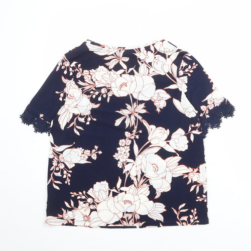 Classic Womens Blue Floral Polyester Basic T-Shirt Size 12 Boat Neck - Crocheted Lace Detail