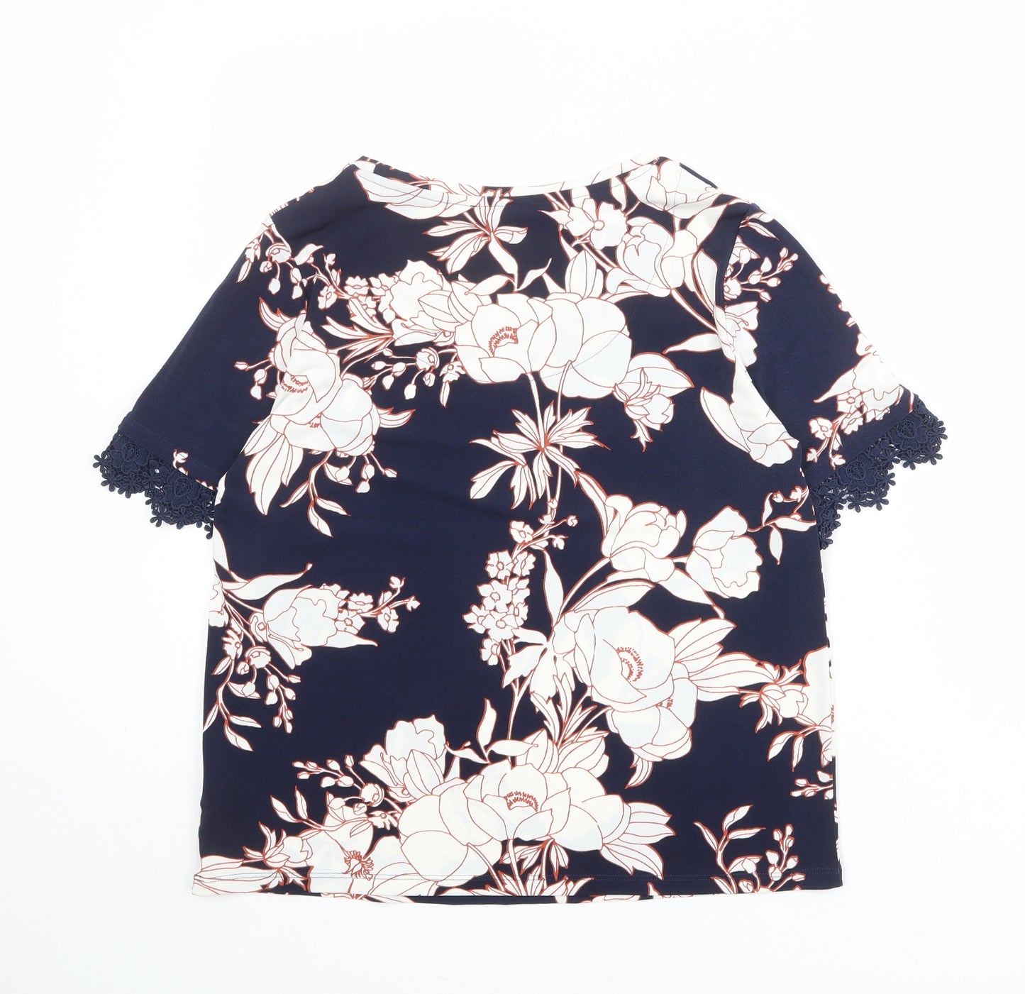 Classic Womens Blue Floral Polyester Basic T-Shirt Size 12 Boat Neck - Crocheted Lace Detail