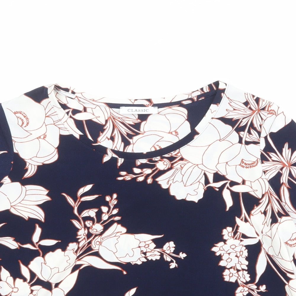 Classic Womens Blue Floral Polyester Basic T-Shirt Size 12 Boat Neck - Crocheted Lace Detail
