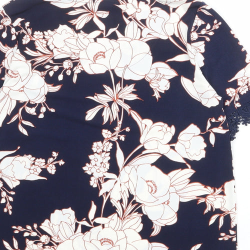 Classic Womens Blue Floral Polyester Basic T-Shirt Size 12 Boat Neck - Crocheted Lace Detail