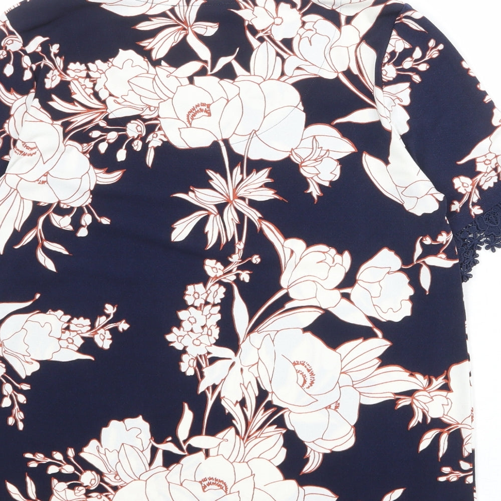 Classic Womens Blue Floral Polyester Basic T-Shirt Size 12 Boat Neck - Crocheted Lace Detail