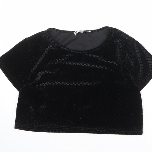 Hearts & Bows Womens Black Geometric Polyester Cropped T-Shirt Size 10 Boat Neck