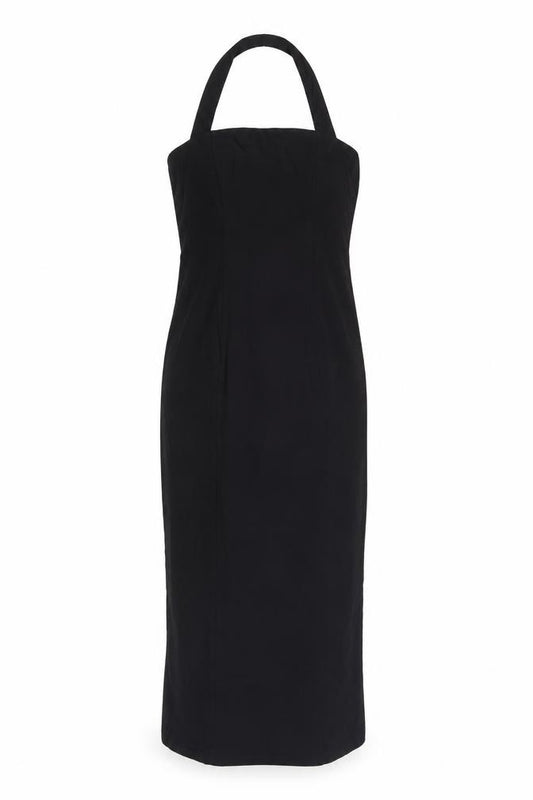 Front view of ASOS women’s black viscose shift, size UK 8, halter pullover