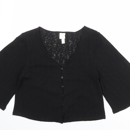 H&M Womens Black Polyester Basic Button-Up Size S V-Neck - Wide Sleeve