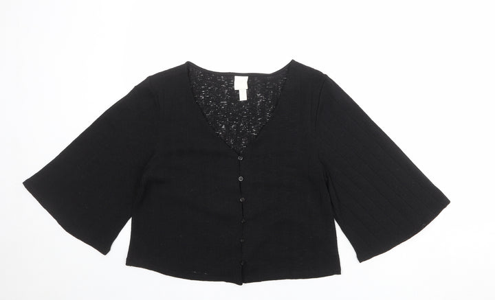 H&M Womens Black Polyester Basic Button-Up Size S V-Neck - Wide Sleeve