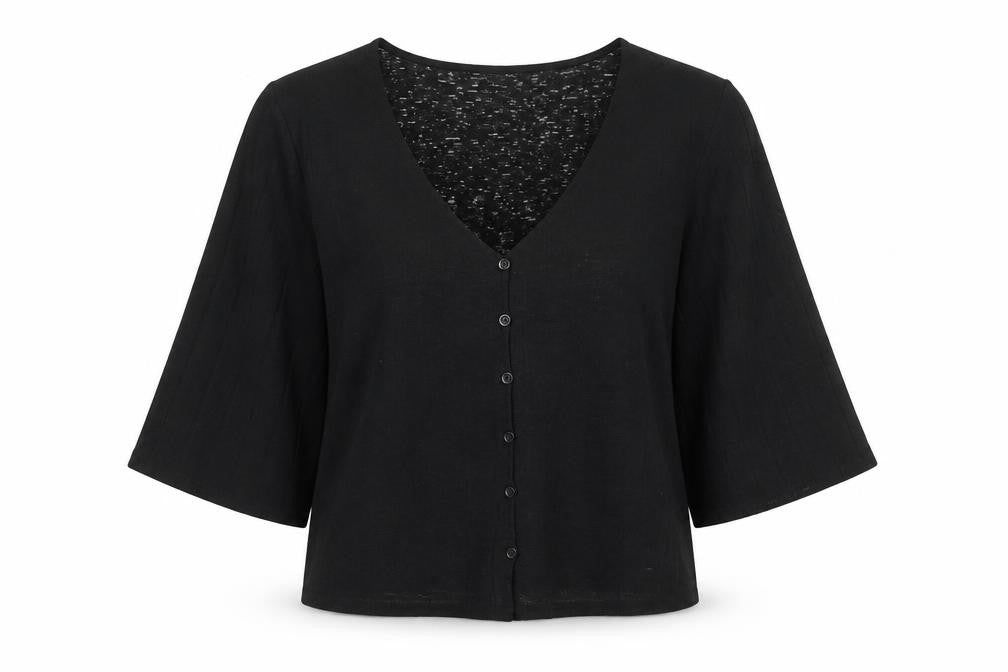 Front view of H&M women’s black polyester basic button-up, size S, v-neck - wide sleeve