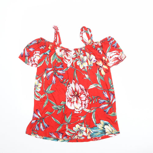 Dorothy Perkins Womens Red Floral Viscose Basic Blouse Size 8 Off the Shoulder