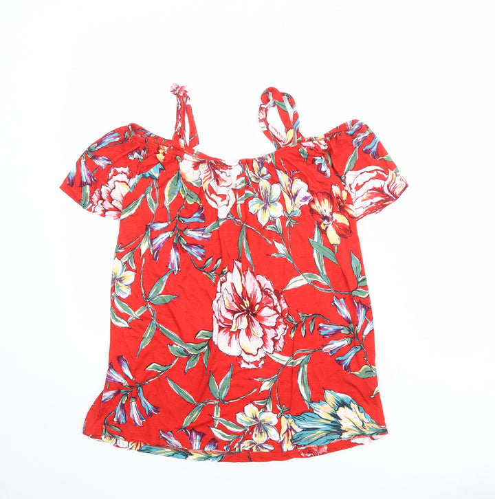 Dorothy Perkins Womens Red Floral Viscose Basic Blouse Size 8 Off the Shoulder