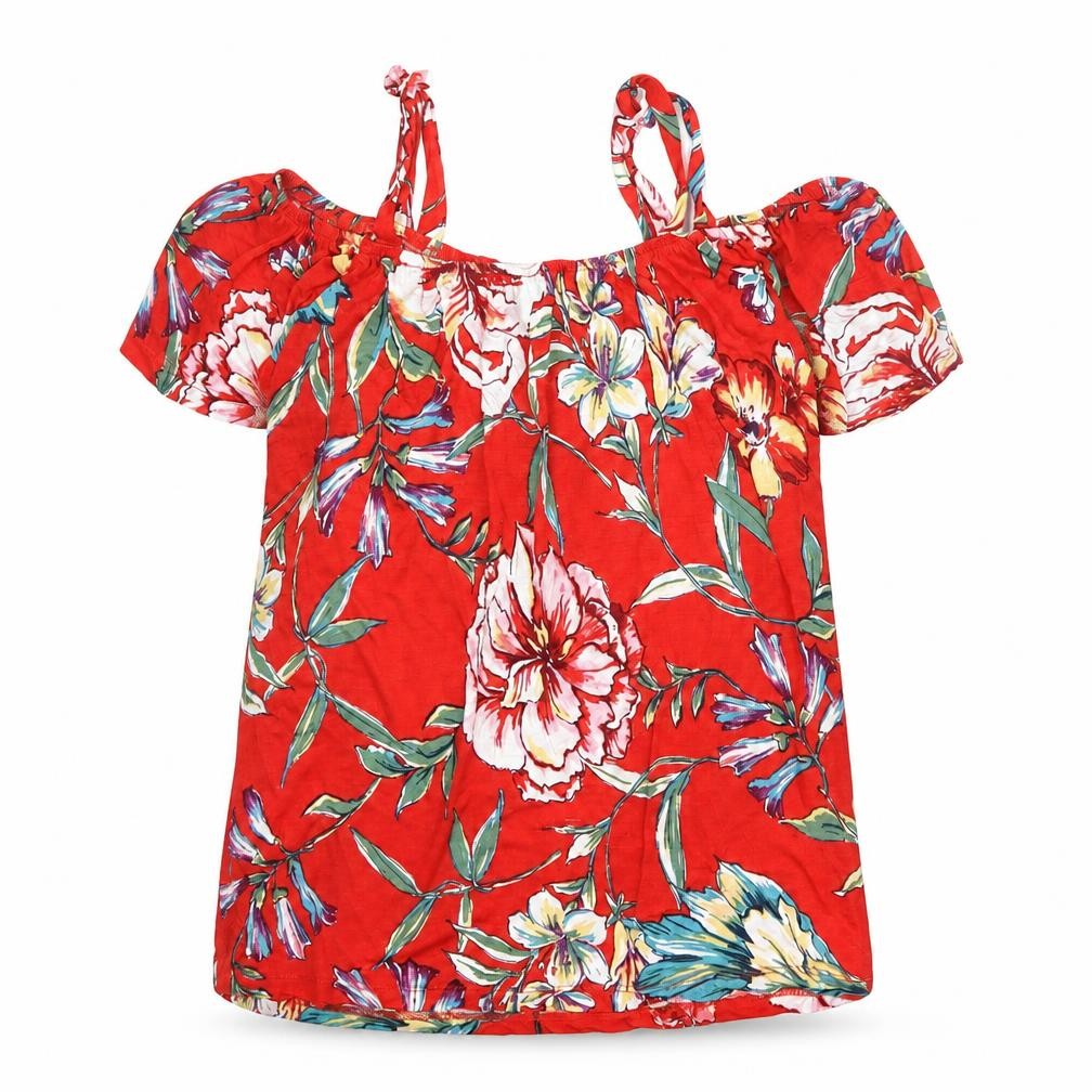 Front view of Dorothy Perkins women’s red floral viscose basic blouse, size UK 8, off the shoulder
