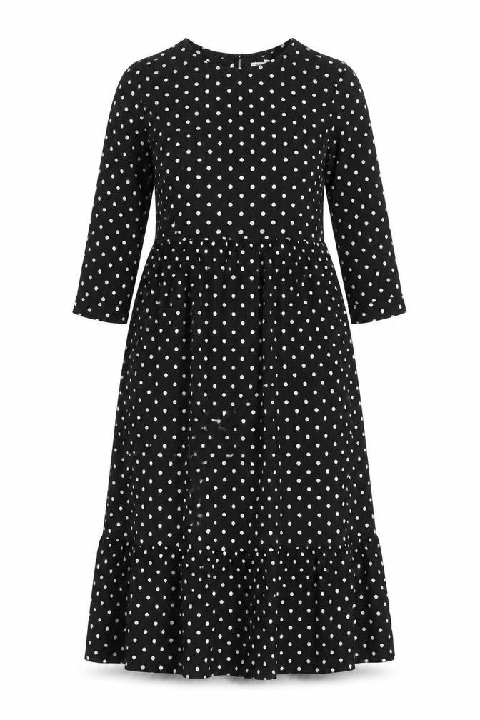Front view of Urban Bliss women’s black polka dot polyester a-line, size UK 10, round neck button