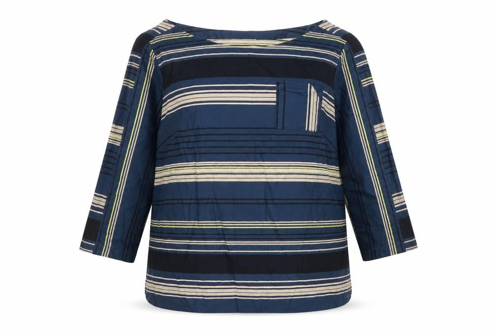 Front view of Monsoon women’s multicoloured striped 100% cotton basic blouse, size UK 14, boat neck