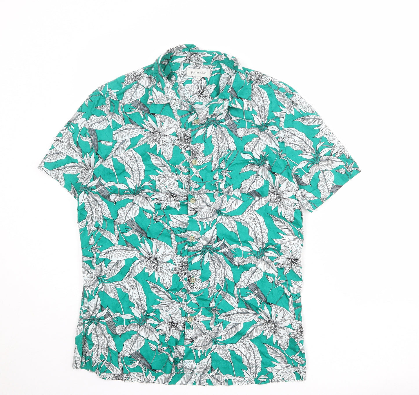Porter + Ash Mens Green Floral Cotton Button-Up Size M Collared Button