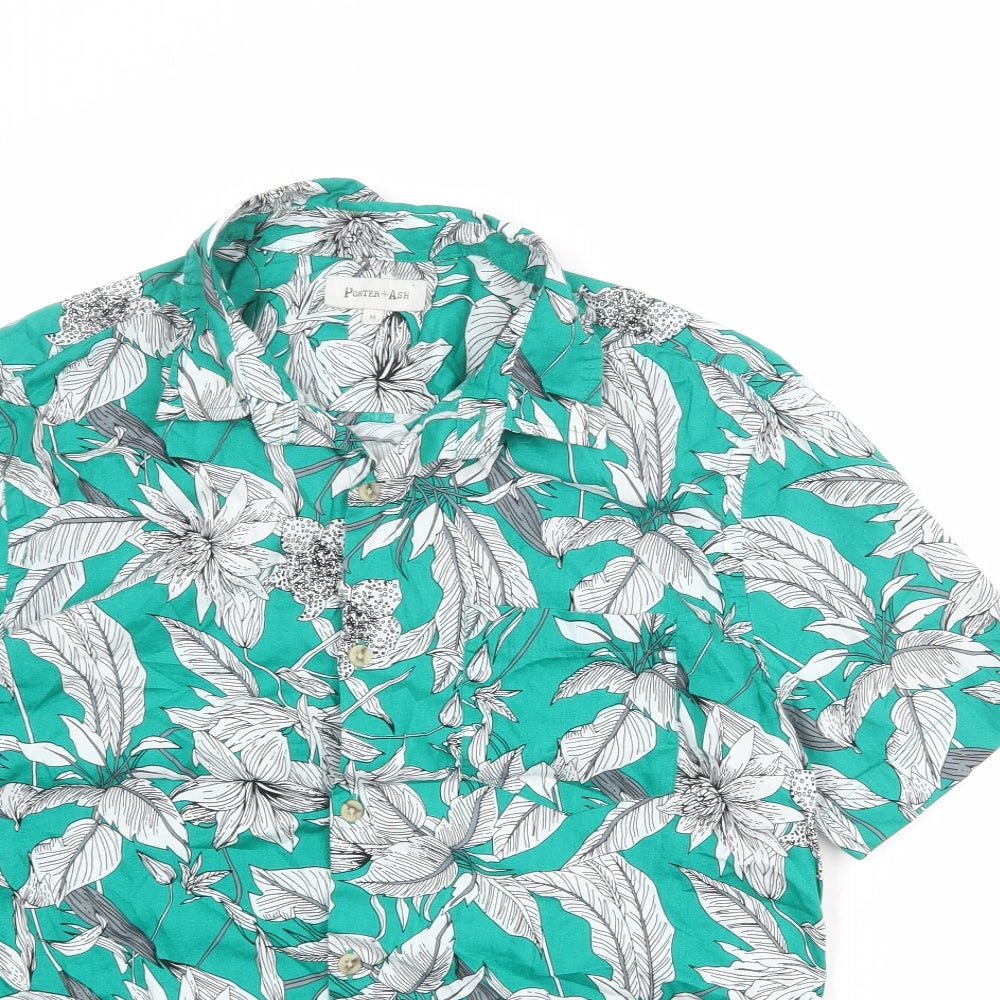 Porter + Ash Mens Green Floral Cotton Button-Up Size M Collared Button
