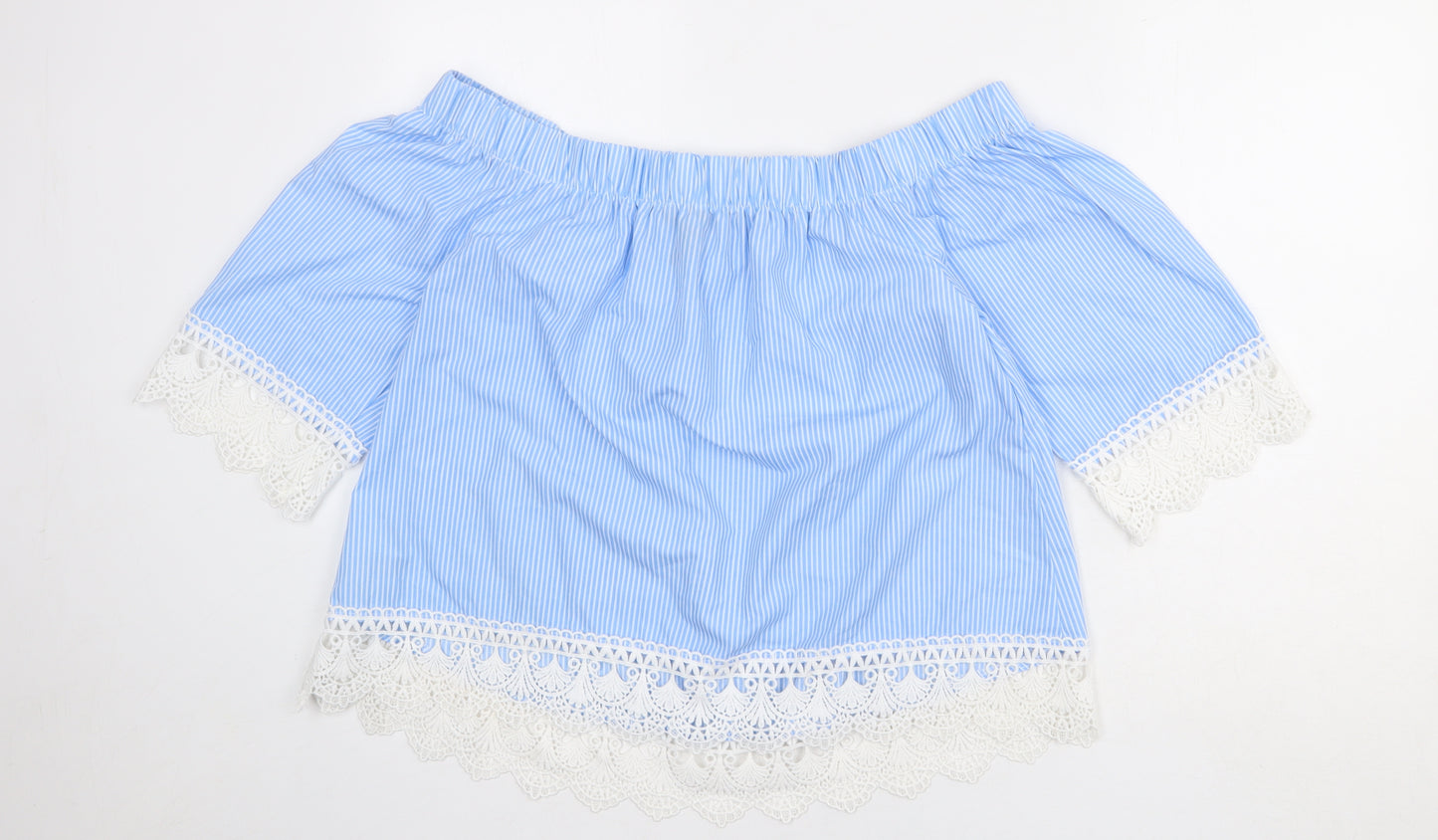 New Look Womens Blue Striped Polyester Basic Tank Size 14 Off the Shoulder - Crochet Detail