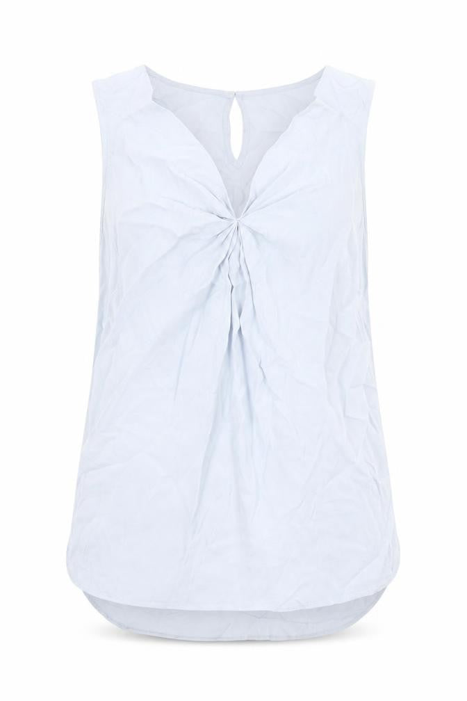 Front view of Monsoon women’s blue viscose basic tank, size UK 12, v-neck - twist detail