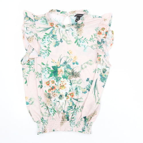 New Look Womens Pink Floral Polyester Basic Blouse Size 12 Mock Neck