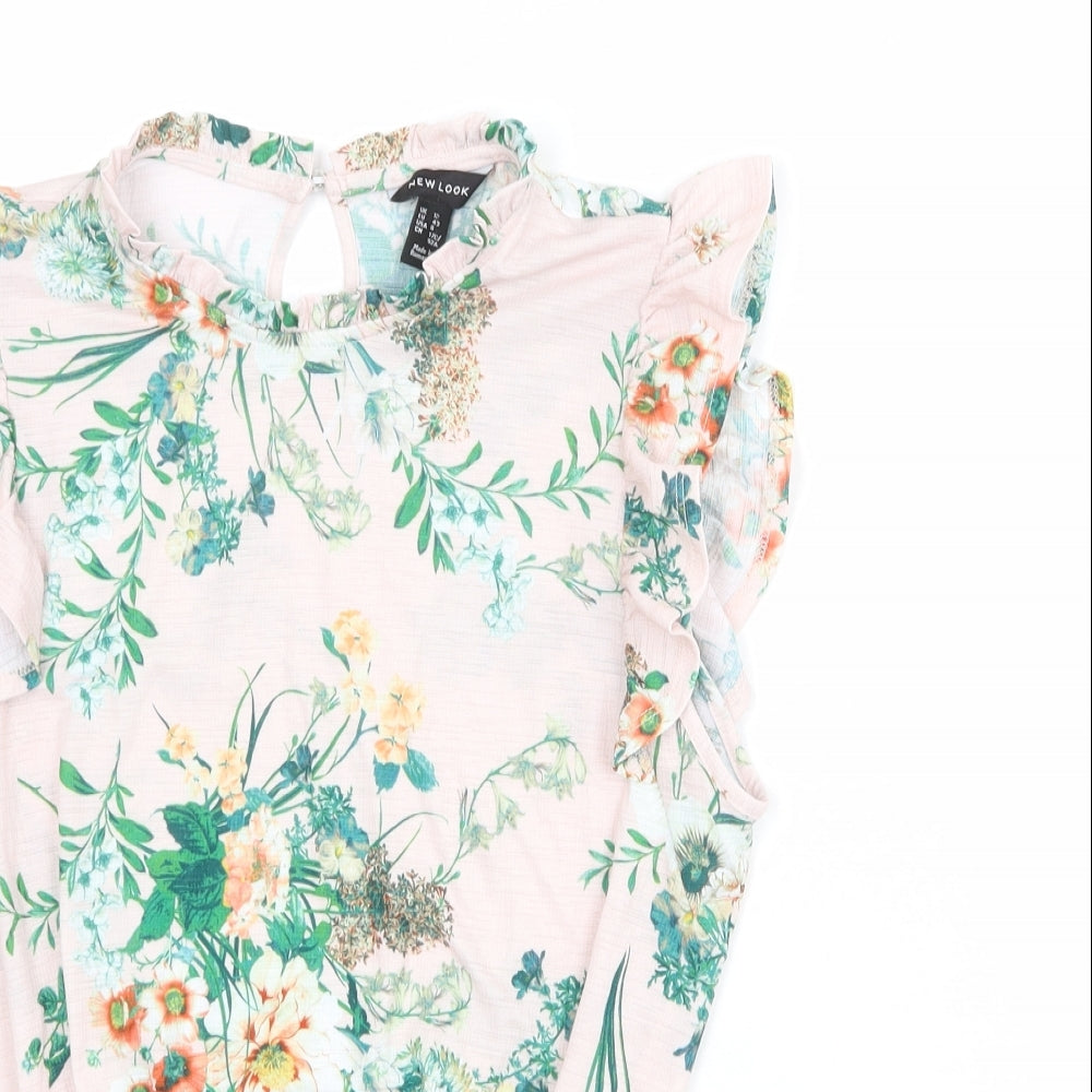 New Look Womens Pink Floral Polyester Basic Blouse Size 12 Mock Neck